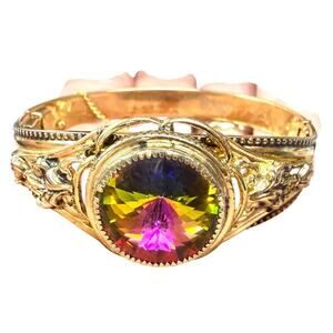 VTG Whiting & Davis Dazzling Watermelon Rivoli Hinged Bangle Bracelet In Gold